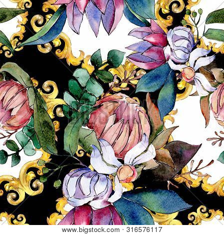 Bouquet Loral Botanical Flowers. Watercolor Background Illustration Set. Seamless Background Pattern