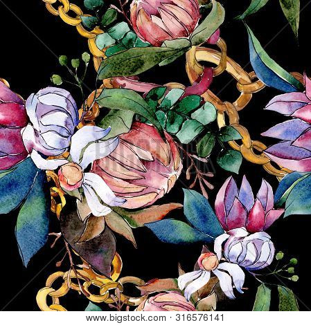 Bouquet Loral Botanical Flowers. Watercolor Background Illustration Set. Seamless Background Pattern