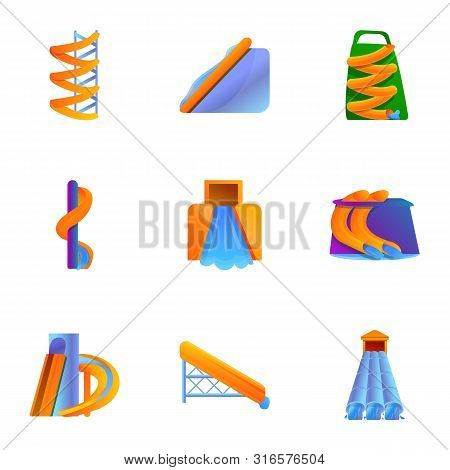 Aquapark Funny Slide Icon Set. Cartoon Set Of 9 Aquapark Funny Slide Vector Icons For Web Design Iso