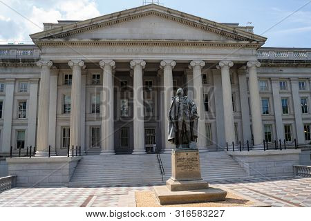 Washington, Dc - August 4, 2019: Exterior Of The United States Department Of Treasury, With Statue O