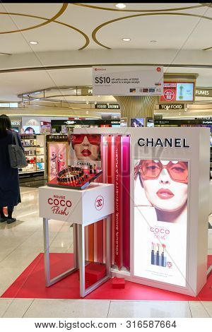 SINGAPORE - CIRCA APRIL, 2019: goods on display at Cosmetics & Perfumes by The Shilla Duty Free in Changi International Airport. 