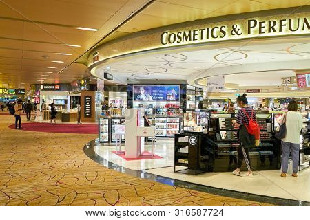SINGAPORE - CIRCA APRIL, 2019: Cosmetics & Perfumes by The Shilla Duty Free in Changi International Airport. 