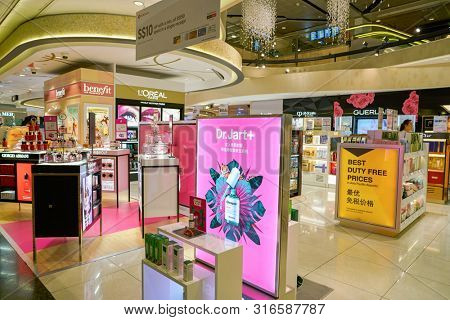 SINGAPORE - CIRCA APRIL, 2019: goods on display at Cosmetics & Perfumes by The Shilla Duty Free in Changi International Airport. 