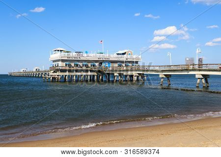 Norfolk, Virginia/usa - July 22, 2019:  The Ocean View Fishing Pier, With Its Restaurant And Tackle 
