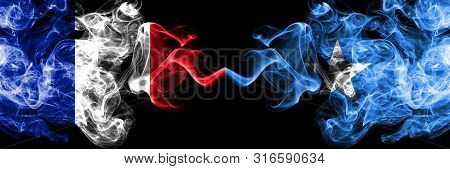 France Vs Somalia, Somalian Smoky Mystic Flags Placed Side By Side. Thick Colored Silky Abstract Smo