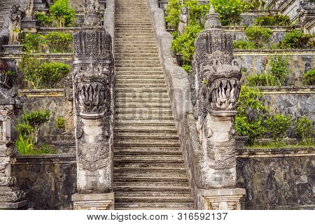 Three Stone Ladders In Beautiful Pura Lempuyang Luhur Temple. Summer Landscape With Stairs To Temple