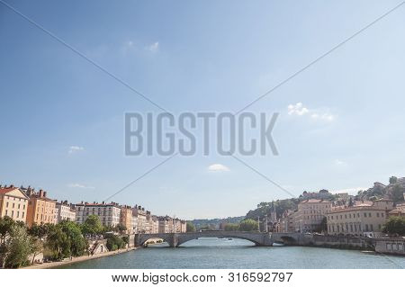 Panorama Of Saone River And The Quais De Saone Riverbank And Riverside In The City Center Of Lyon, N