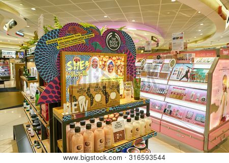 SINGAPORE - CIRCA APRIL, 2019: goods on display at Cosmetics & Perfumes by The Shilla Duty Free in Changi International Airport. 