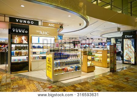 SINGAPORE - CIRCA APRIL, 2019: goods on display at Cosmetics & Perfumes by The Shilla Duty Free in Changi International Airport. 