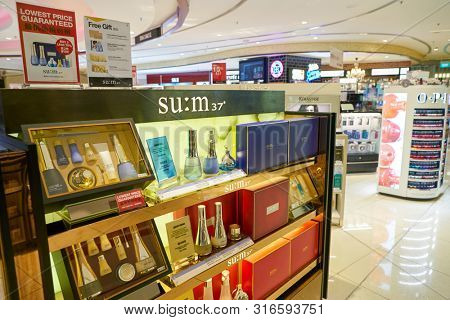 SINGAPORE - CIRCA APRIL, 2019: goods on display at Cosmetics & Perfumes by The Shilla Duty Free in Changi International Airport. 