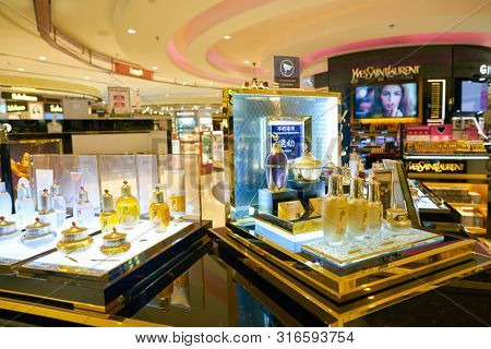 SINGAPORE - CIRCA APRIL, 2019: goods on display at Cosmetics & Perfumes by The Shilla Duty Free in Changi International Airport. 