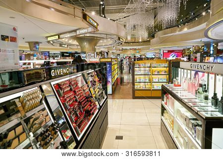 SINGAPORE - CIRCA APRIL, 2019: goods on display at Cosmetics & Perfumes by The Shilla Duty Free in Changi International Airport. 