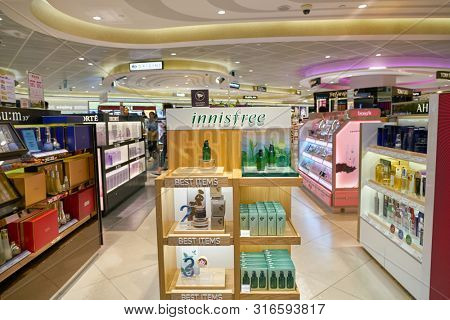 SINGAPORE - CIRCA APRIL, 2019: goods on display at Cosmetics & Perfumes by The Shilla Duty Free in Changi International Airport. 