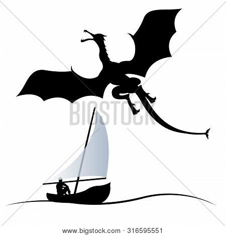 Silhouette Of A Flying Dragon And A Man In A Boat With A Sail Isolated On A White Background. Flat S