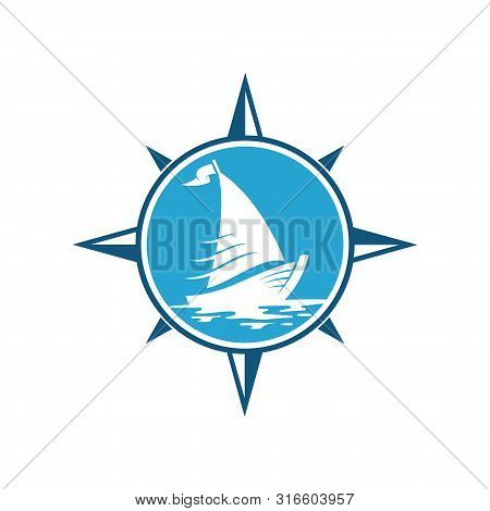 Compass Sailboat Logo.flat Emblem Style.sailing Adventure Vector.ocean Wave.modern Design Concept