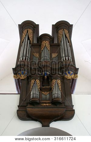 SAMOBOR, CROATIA - MARCH 03, 2018: Organ in the Church of the Assumption of the Virgin Mary in Samobor, Croatia