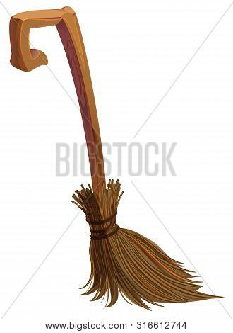 Old Brown Magic Witch Broom For Quidditch Isolated On White