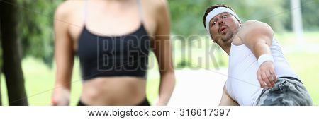 Horny Male With Stupid Face Stumbled And Lost Balance Watching Hot Young Smiling Female Running In P