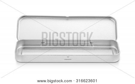 Blank Stanless Opened Box For Pencil Or Stationery Isolated On White Background With Clipping Path