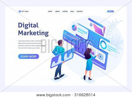Isometric Concept Young Entrepreneurs Insist Data For Digital Marketing, Advertising On The Internet