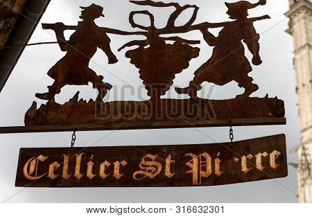 Troyes, France - August 31, 2018: Metal Signboard Of The Cellier St. Pierre Wines In Toroyes.  Aube,