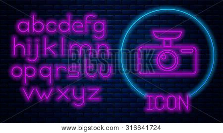 Glowing Neon Car Dvr Icon Isolated On Brick Wall Background. Car Digital Video Recorder Icon. Neon L