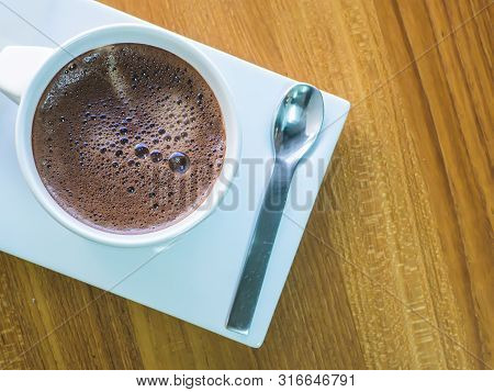 Hot Coco Cup On Wood Table, Hot Chocolate Milk In The Morning.