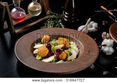Tasty Homemade Cheese Donuts Jam, Poured With Pear And Salad-3.