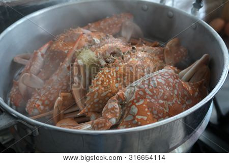 Hot Steamed Blue Crabs In A Pot