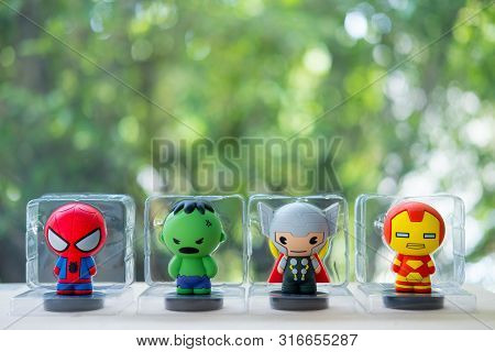 Bangkok, Thailand - August 12, 2019 : Souvenir In Miniso Shop, Figure Of Avengers, Miniso Cooperates
