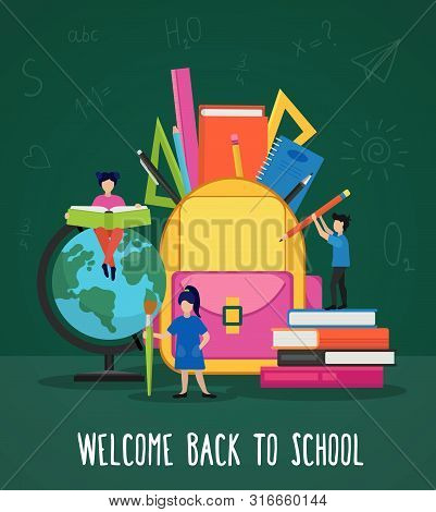 Welcome Back To School Poster Vector Illustration. Cartoon People Hold Book, Pencil And Pen And Stas