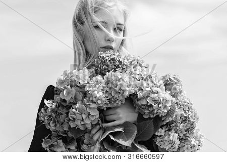 Allergy Free Life. Stop Allergy Blooming Season. Girl Tender Blonde Hold Hydrangea Bouquet. Springti