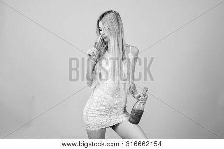 Pretty Blonde Celebrate Birthday. Sweet Liquor Champagne. Glamorous Party. Girl Drinking Pearl Glitt
