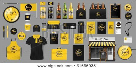 Set Of Realistic Glass Bottle, Packaging Box And Aluminum Can Template Design For Beer Shop. Brewery