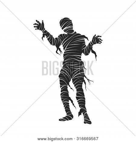 Black Silhouette Of Mummy. Halloween Party. Isolated Image Of Scary Monster. Mummified Zombie On Whi