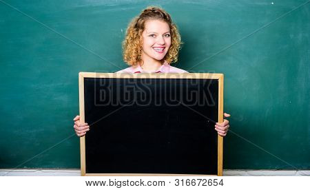 School Bell Schedule Information. Teacher Cheerful Woman Hold Blackboard Blank Copy Space. Remember 
