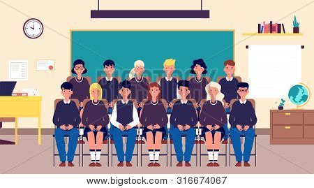Class Group Portrait. Classmates, Student In Classroom. Teenagers In School Uniform Photo For Memory