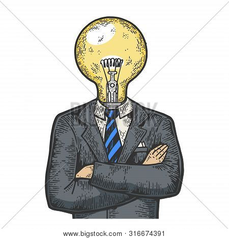 Businessman With Lamp Bulb Instead Head Color Sketch Engraving Vector Illustration. Scratch Board St