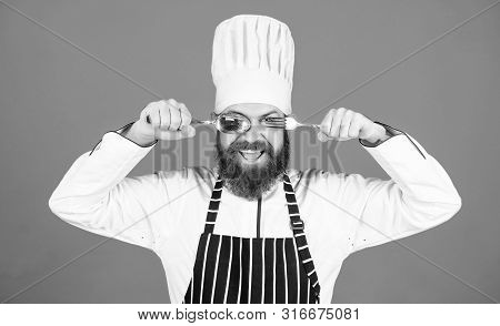 Lets Try Dish. Hungry Chef Ready To Try Food. Time To Try Taste. Chef Happy Smiling Face Hold Spoon 