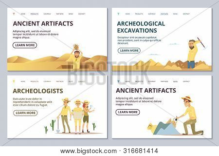 Archeologists Landing Page Templates. Cartoon Archaeologists Explore Antiquities Vector Illustration