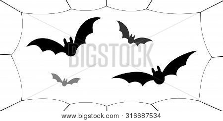 Bat Icons Set. Bat Wings, Black Web Silhouette Isolated White Background. Symbol Halloween Holiday, 