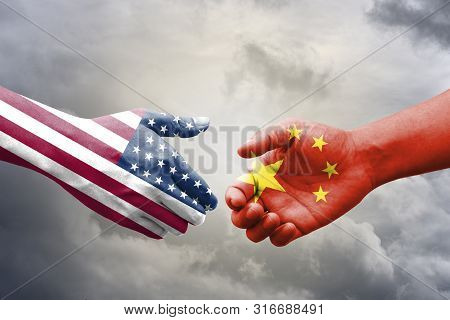 Usa And China Flag Print Screen On Handshake With Cloundsky.it Is Symbol Of Economic Tariffs Trade W