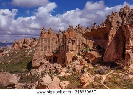 Cappadocia, Turkey - April 18, 2019:  Zelve Open Air Museum In The Nevsehir At Spring April Time. Ne