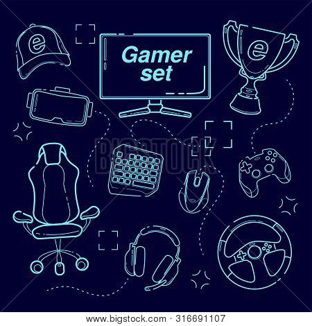 Esports Set, Gaming Gadgets, Line Set Icon. Modern Devices For Video Games, Headset For Virtual Real