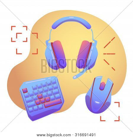 E-sports Elements Illustration With Keyboard, Mouse And Headphones On Isolated Background. Computer 
