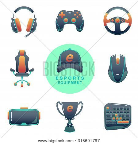 Color Esports Icons Set. Game Tournament. Vector Gaming Devices On Isolated Background. Infographic 