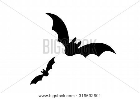 Bats Icon Set. Bat Black Silhouette With Wings Isolated White Background. Symbol Halloween Holiday, 