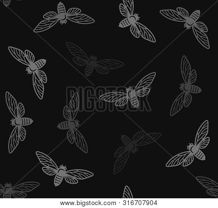 Cicada Insects Seamless Pattern With Black Background. Vector