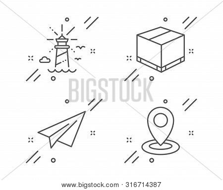 Delivery Box, Lighthouse And Paper Plane Line Icons Set. Location Sign. Cargo Package, Navigation Be