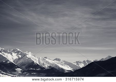 View On Snowy Mountains In Nice Sunny Morning. Caucasus Mountains At Winter. Svaneti Region Of Georg